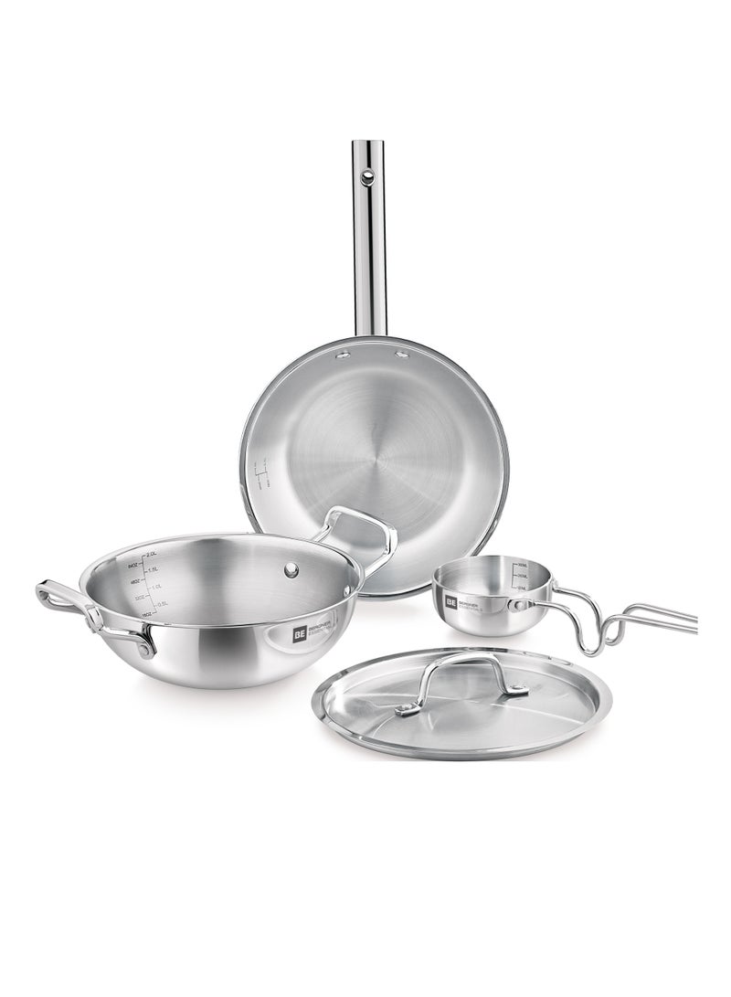 بيرجنر طقم أواني بيرغنر تراي برو 4 قطع فولاذ ثلاثي الطبقات: مقلاة كاداي ووك عميقة 22سم بغطاء، مقلاة 22سم، مقلاة تادكا 10سم، طهي صحي بزيت أقل وتوزيع حراري متساوٍ، جاهز للاستخدام على مواقد الحث والغاز - Image 1